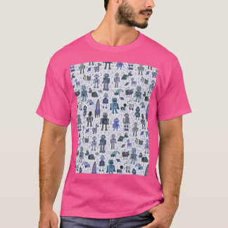 Camiseta Robôs No Espaço - Azul E Cinzas - Padrão Divertido