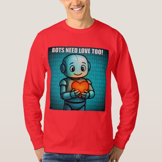 Camiseta Robôs Também Precisam de Amor - Manga Longa Vermel (Frente)