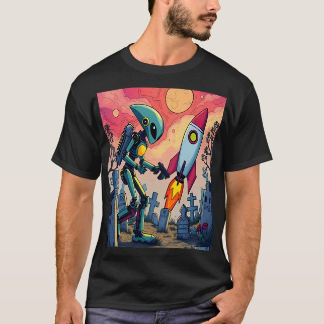 Camiseta Robot and Rocket in Futuristic Cemetery (Frente)