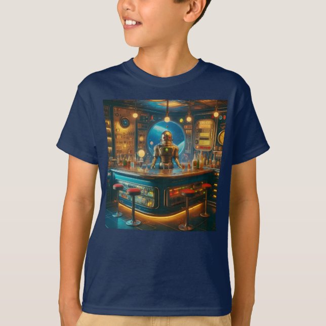 Camiseta Robot Bartender in Interstellar Space Age Dive Bar (Frente)