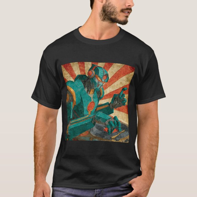 Camiseta Robot DJ on Vinyl – Retro Sunburst Poster (Frente)