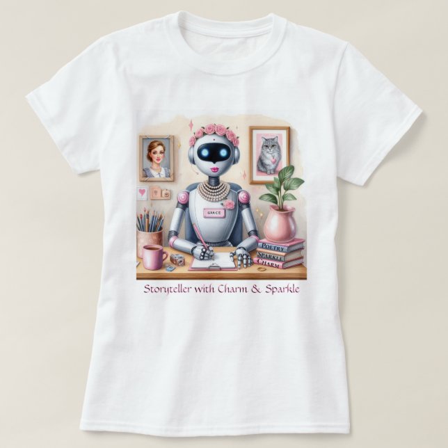 Camiseta Robot Grace Storyteller Poetry Charm Sparkle Rosa (Frente do Design)