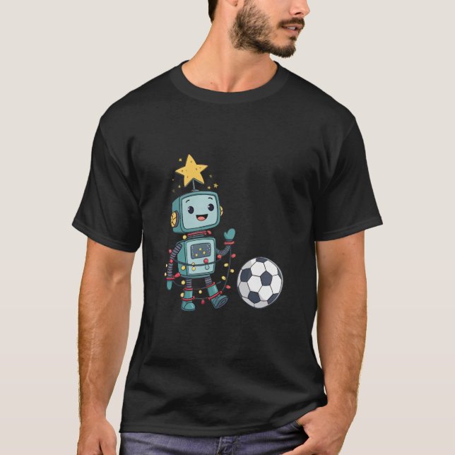 Camiseta Robot with Christmas lights playing soccer (Frente)