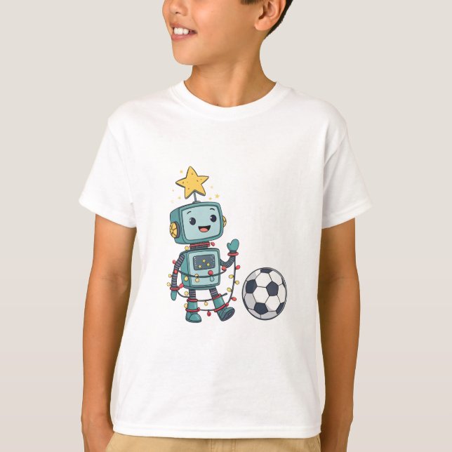 Camiseta Robot with Christmas lights playing soccer (Frente)
