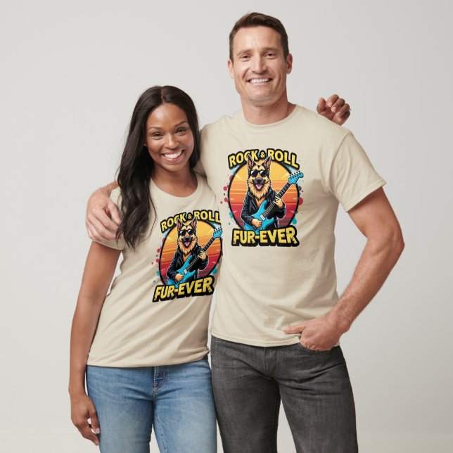 Camiseta Rocha e Roll German shepherd Retro Arte Sunset (Unissex)