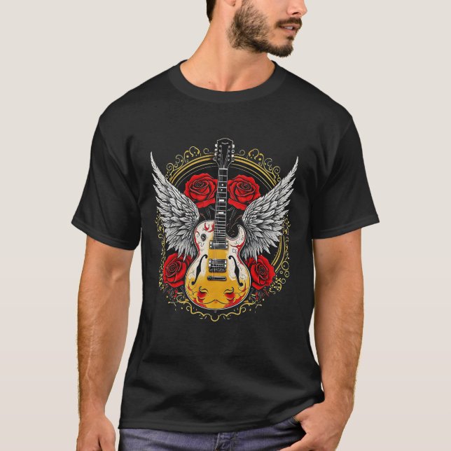 Camiseta Rocha E Violão Rolado Com Rosa de Design de Círcul (Frente)