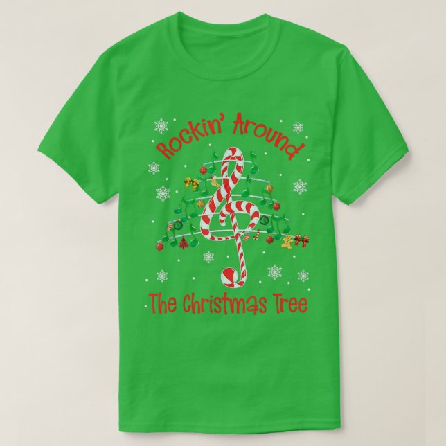 Camiseta Rochas Na Nota De Música Da Árvore De Natal (Frente do Design)