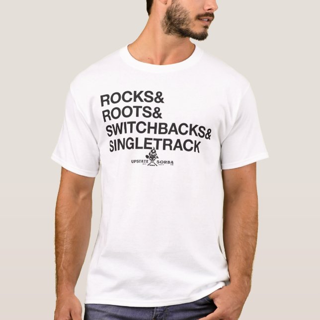 Camiseta ROCHAS & RAIZES & SWITCHBACKS & SINGLETRACK (luz) (Frente)