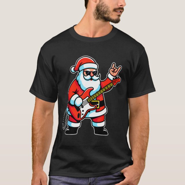 Camiseta Rock &amp; Roll Christmas Santa Claus Guitar Playe (Frente)