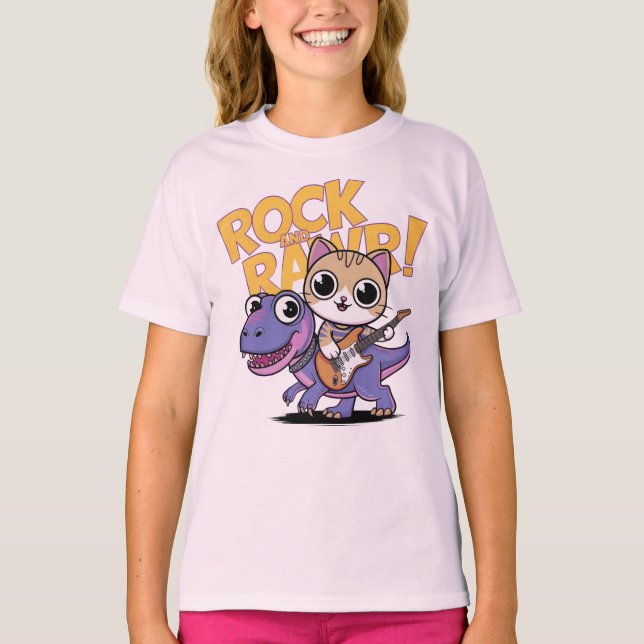 Camiseta "ROCK AND RAWR!" Cat on Dinosaur with Guitar (Frente)