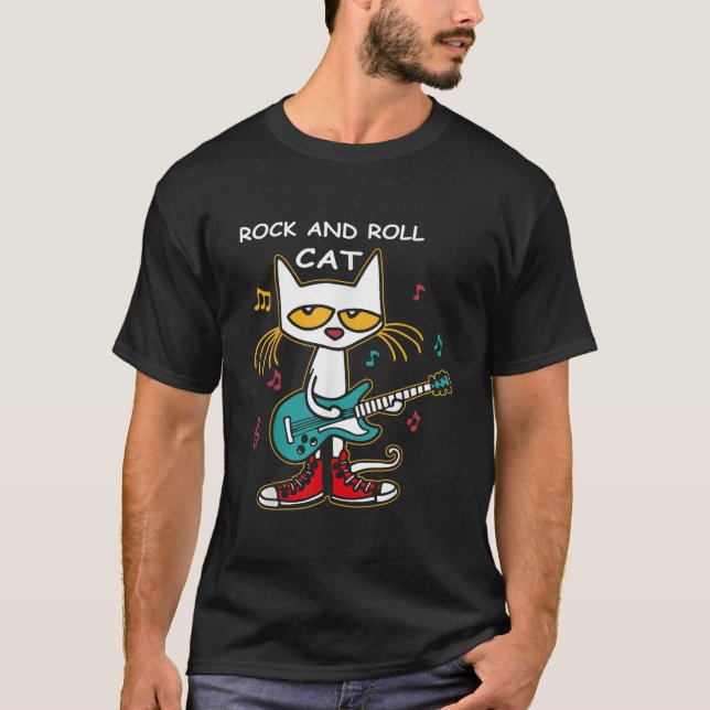 Camiseta Rock And Roll Cat Tocando Violão Engraçado Gato De (Frente)