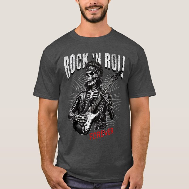 Camiseta Rock and Roll Forever Skeleton Playing Guitar Punk (Frente)