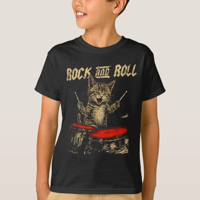 Camiseta Rock And Roll Funny Cat Playing Drum For Men Women (Frente)