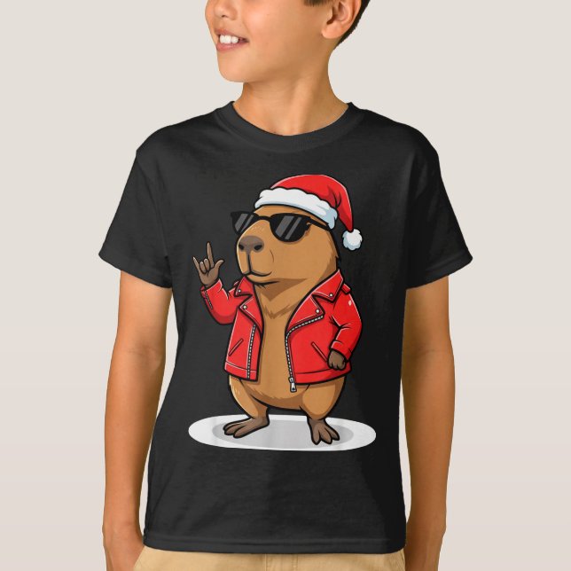Camiseta Rock Capybara Xmas Santa Men Women Kids Funny Ugly (Frente)
