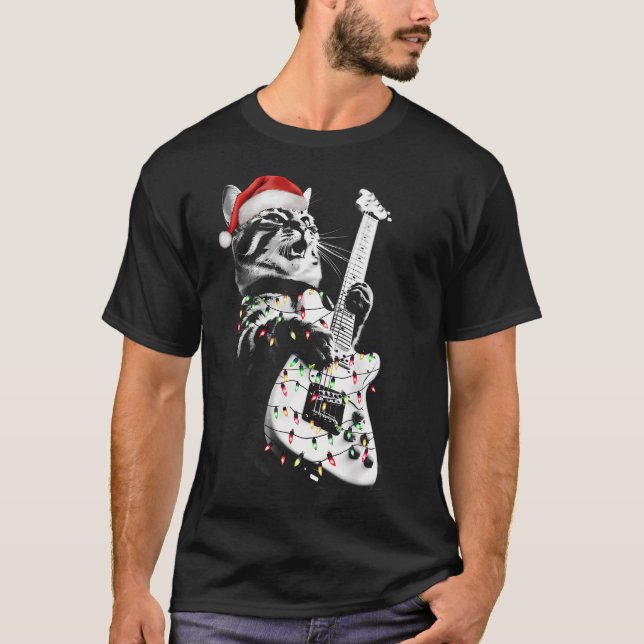 Camiseta Rock Cat Playing Guitar Funny Guitar Cat Christmas (Frente)