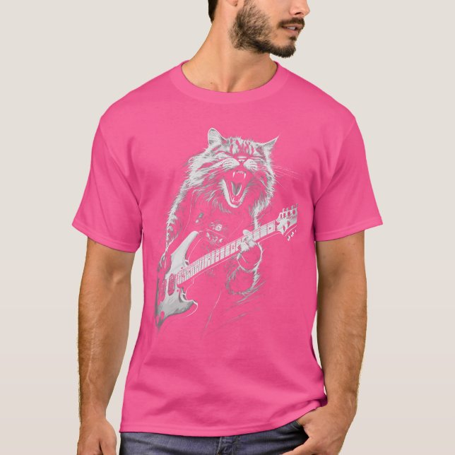 Camiseta Rock Cat Playing Guitar Woman Funny Guitar Cat (Frente)