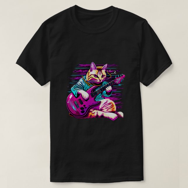 Camiseta Rock Cat Tocando Violão Engraçado Violão Gato (14) (Frente do Design)