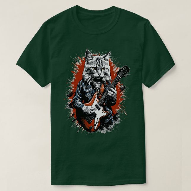 Camiseta Rock Cat Tocando Violão Engraçado Violão Gato (18) (Frente do Design)