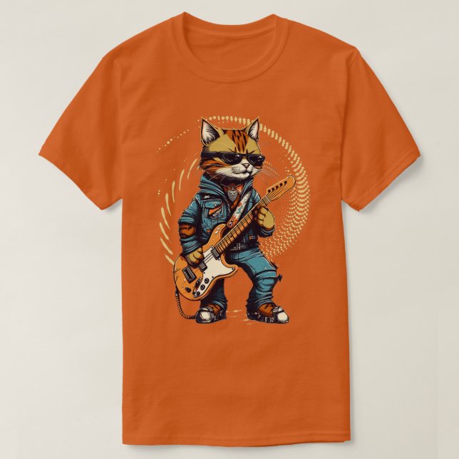 Camiseta Rock Cat Tocando Violão Engraçado Violão Gato (21) (Frente do Design)