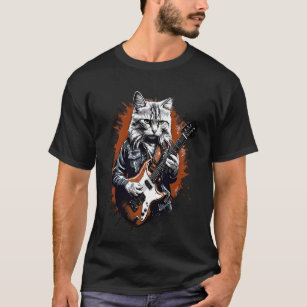 Camiseta Rock Cat Tocando Violão - Gato de Violão Engraçado