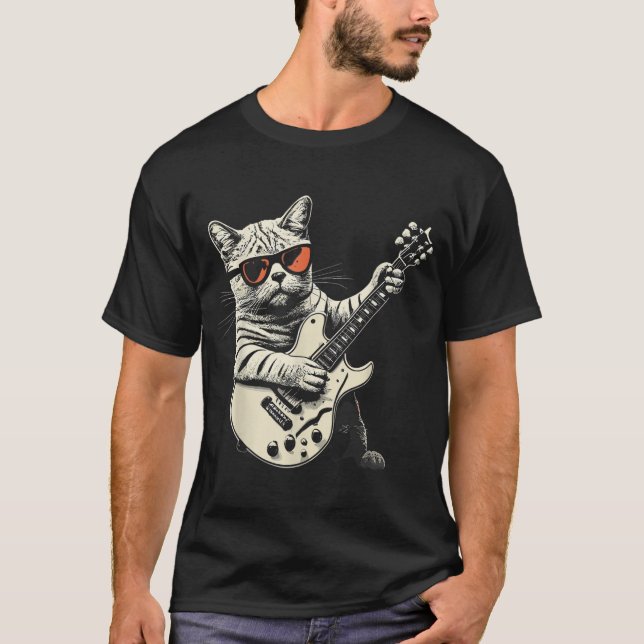 Camiseta Rock Cat Tocando Violão - Gato Guitarrista Engraça (Frente)