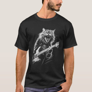 Camiseta Rock Cat Tocando Violão Menina Mulher Engraçado Vi