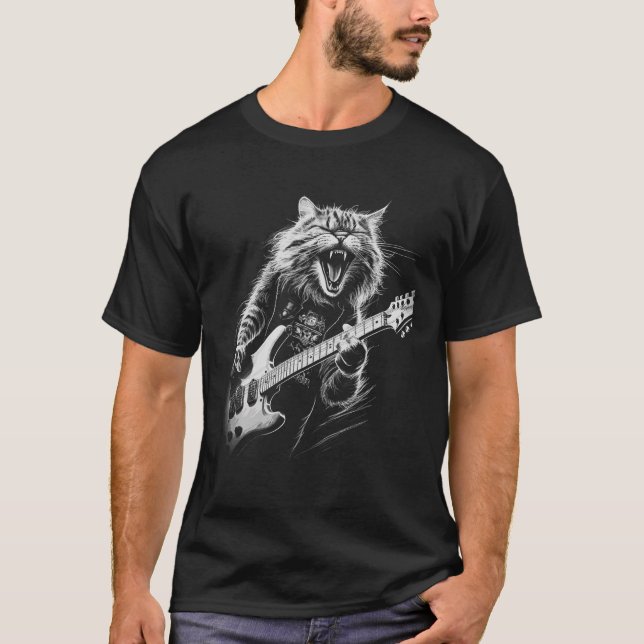 Camiseta Rock Cat Tocando Violão Menina Mulher Engraçado Vi (Frente)