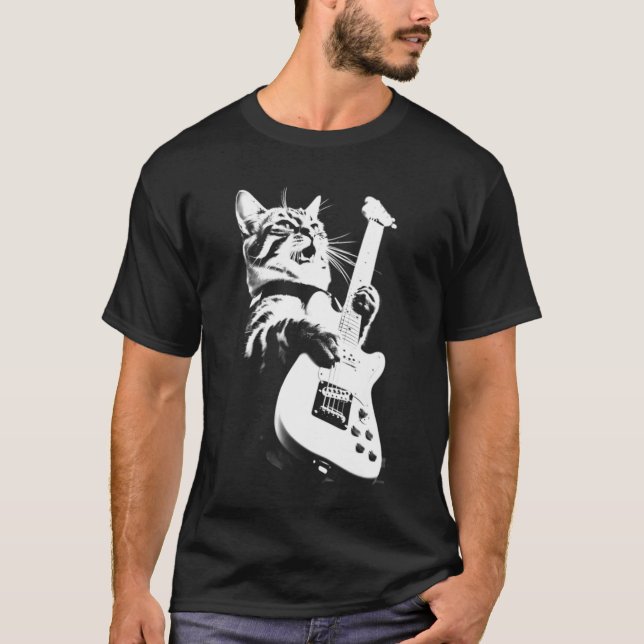Camiseta Rock Cat Tocando Violão - Violão Engraçado (Frente)