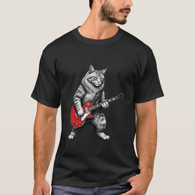 Camiseta  Rock Classic Guitar Hero Cat for Men (Frente)