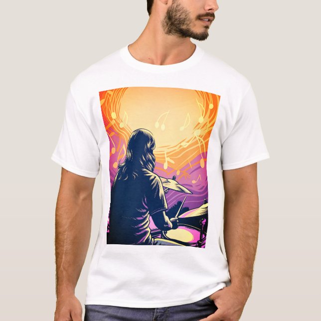 Camiseta Rock Drummer com notas de música (Frente)