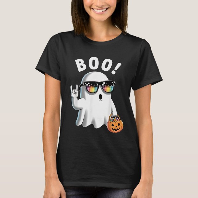 Camiseta Rock Ghost Retro Halloween Pumpkin Funny Boo (Frente)