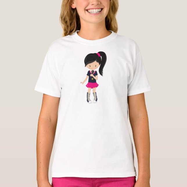 Camiseta Rock Girl, Black Hair, Microfone, Cantora Banda (Frente)