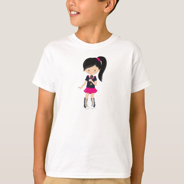 Camiseta Rock Girl, Black Hair, Microfone, Cantora Banda (Frente)