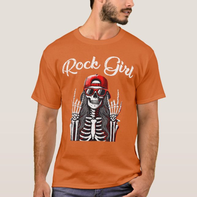 Camiseta Rock Girl Rockn Roll Girl Skeleton Rocker Cool Pun (Frente)