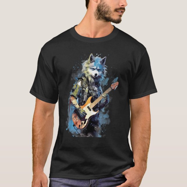 Camiseta Rock Guitar Alaskan Klee Kai Dog Guitarist (Frente)