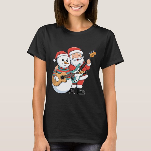 Camiseta Rock Guitar Snowman E Papai Noel Tocando Violão (Frente)
