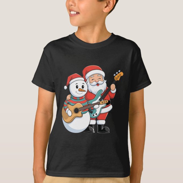 Camiseta Rock Guitar Snowman E Papai Noel Tocando Violão (Frente)