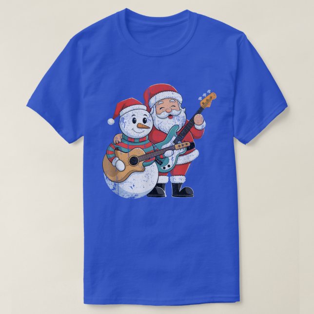 Camiseta Rock Guitar Snowman E Papai Noel Tocando Violão (Frente do Design)