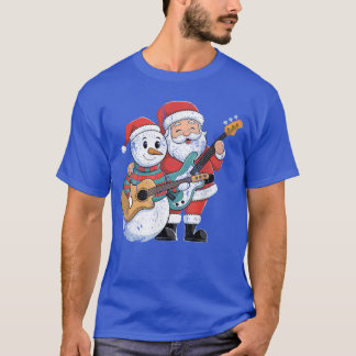 Camiseta Rock Guitar Snowman E Papai Noel Tocando Violão
