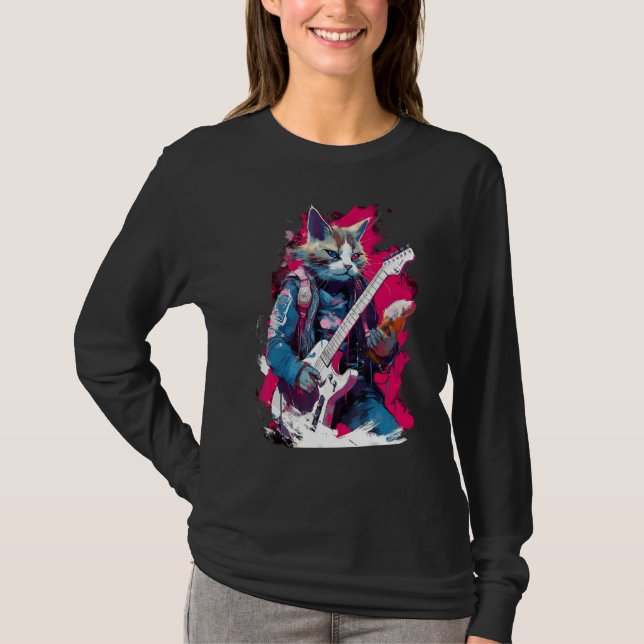 Camiseta Rock Guitar Snowshoe Cat Guitarist (Frente)
