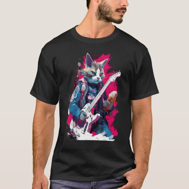 Camiseta Rock Guitar Snowshoe Cat Guitarist (Frente)