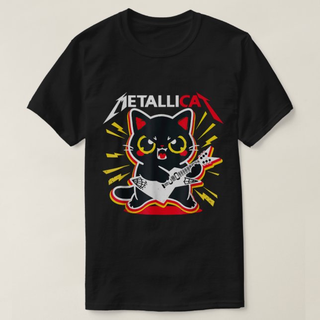 Camiseta Rock Kitty Guitar Player Cute Metal Cat Design (Frente do Design)