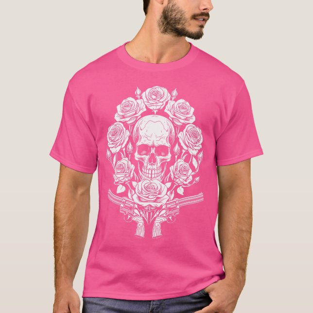 Camiseta Rock Music 1980S 80S Glam Skeleton Rosas Skull Gun (Frente)