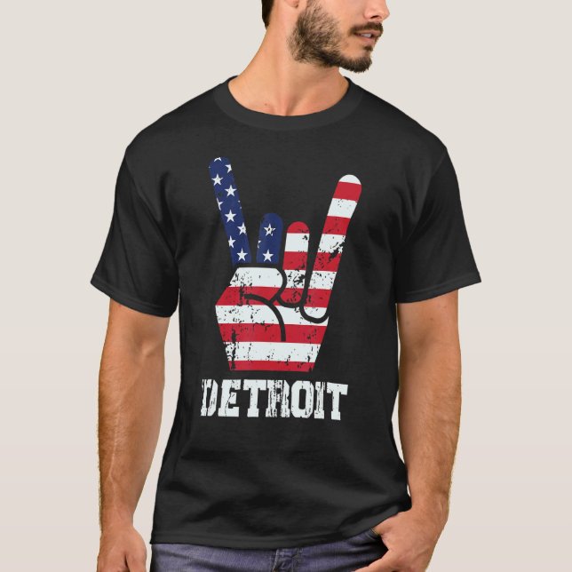 Camiseta Rock N Roll 4 De Julho Rock Hand Detroit American (Frente)