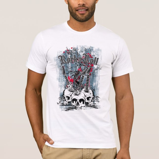 Camiseta Rock n Roll, Guitarra Skulls, T-Shirt Masculina (Frente)