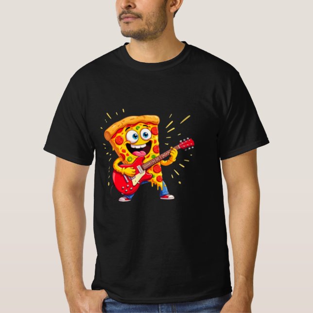 Camiseta **Rock ’n’ Roll Pizza – Funny Guitar-Playing Slice (Frente)