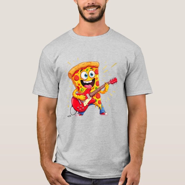 Camiseta **Rock ’n’ Roll Pizza – Funny Guitar-Playing Slice (Frente)