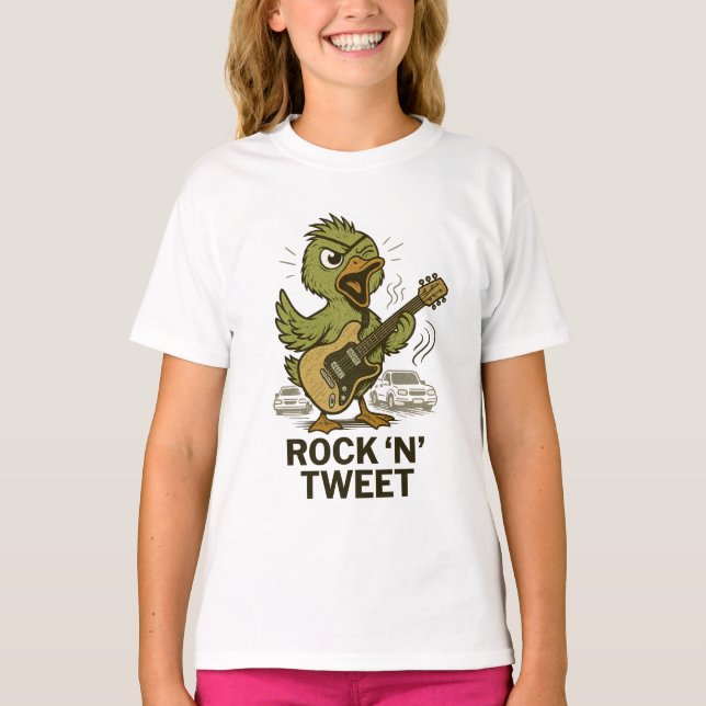 Camiseta "Rock 'n' Tweet" - O pássaro Rockstar (Frente)