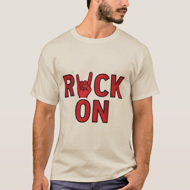 Camiseta Rock On - Design de Música com Tipografia Vermelha (Frente)