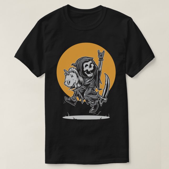 Camiseta Rock On Grim Reaper's Unicorn Ride (Frente do Design)